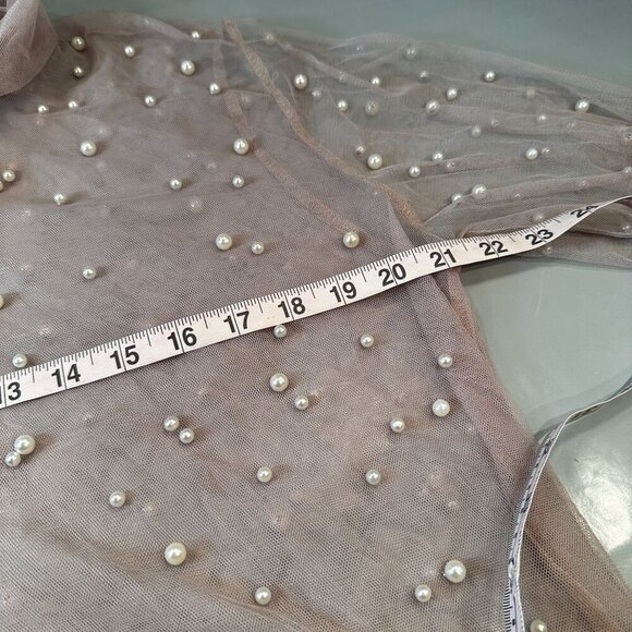 The Moon Pearl Sheer Mesh Blouse Womens Scarf Balloon Long Sleeve High Neck - Picture 12 of 16